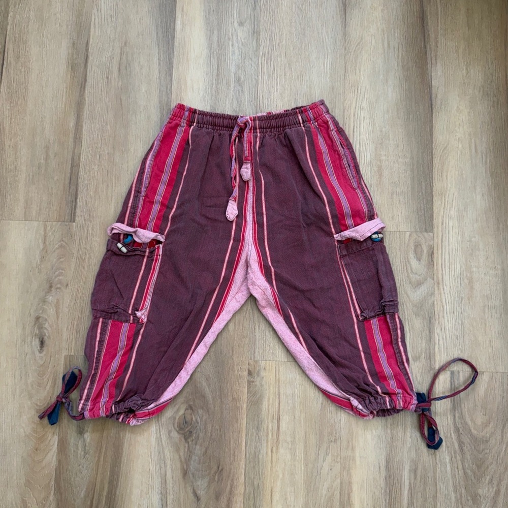 Cotton Striped Cargo Pants Pink Burgundy Boho Harem Trousers wide leg hippie - Picture 2 of 9
